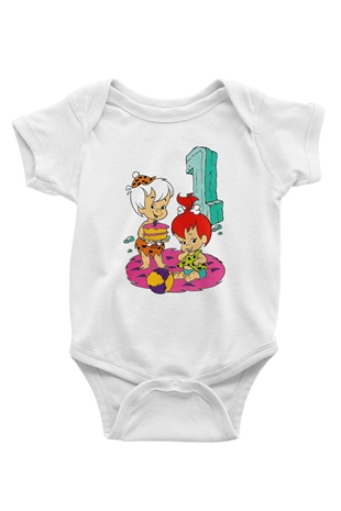 The Flintstones Taş Devri Baskılı Beyaz Unisex Bebek Body - Zıbın