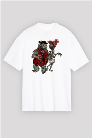 The Flintstones Taş Devri Beyaz Unisex Oversize Tişört