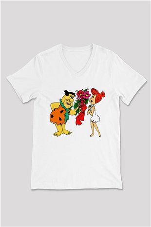 The Flintstones Taş Devri Beyaz Unisex  V Yaka Tişört