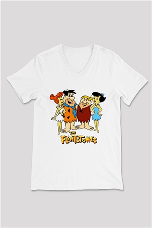 The Flintstones Taş Devri Beyaz Unisex  V Yaka Tişört