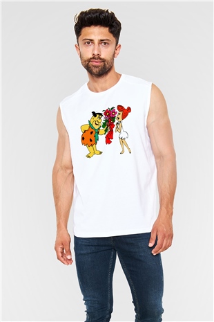 The Flintstones Taş Devri Beyaz Unisex  Kolsuz Tişört