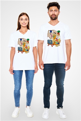 The Flintstones Taş Devri Beyaz Unisex V Yaka Tişört