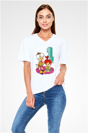 The Flintstones Taş Devri Beyaz Unisex V Yaka Tişört