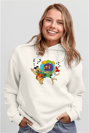 The Flintstones Taş Devri Beyaz Unisex Kapşonlu Sweatshirt
