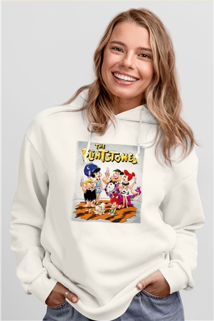 The Flintstones Taş Devri Beyaz Unisex Kapşonlu Sweatshirt