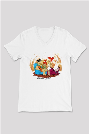The Flintstones Taş Devri Beyaz Unisex V Yaka Tişört
