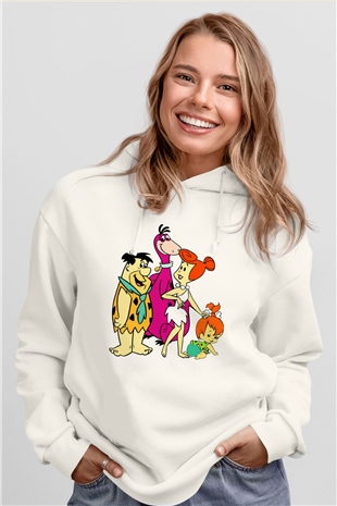The Flintstones Taş Devri Beyaz Unisex Kapşonlu Sweatshirt