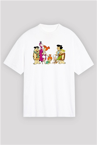 The Flintstones Taş Devri Beyaz Unisex Oversize Tişört