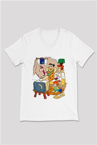 The Flintstones Taş Devri Beyaz Unisex V Yaka Tişört