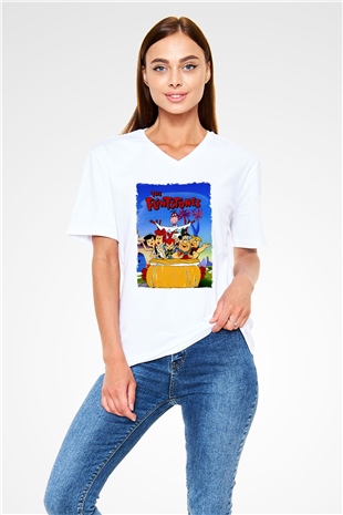 The Flintstones Taş Devri Beyaz Unisex  V Yaka Tişört
