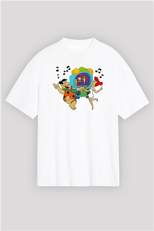 The Flintstones Taş Devri Beyaz Unisex Oversize Tişört