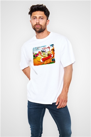 The Flintstones Taş Devri Beyaz Unisex Oversize Tişört