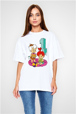 The Flintstones Taş Devri Beyaz Unisex Oversize Tişört