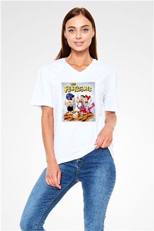 The Flintstones Taş Devri Beyaz Unisex V Yaka Tişört