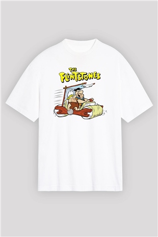 The Flintstones Taş Devri Beyaz Unisex Oversize Tişört