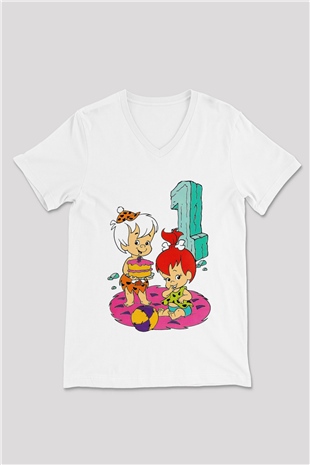 The Flintstones Taş Devri Beyaz Unisex V Yaka Tişört