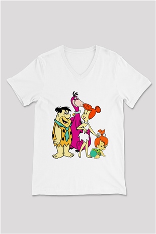 The Flintstones Taş Devri Beyaz Unisex V Yaka Tişört