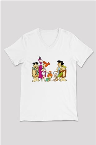 The Flintstones Taş Devri Beyaz Unisex V Yaka Tişört