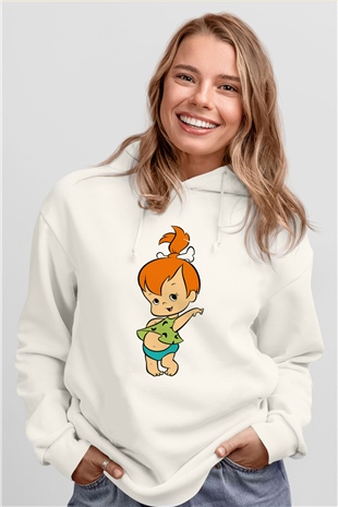 The Flintstones Taş Devri Beyaz Unisex Kapşonlu Sweatshirt
