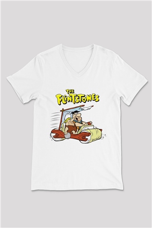 The Flintstones Taş Devri Beyaz Unisex V Yaka Tişört