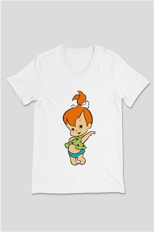 The Flintstones Taş Devri Beyaz Unisex V Yaka Tişört