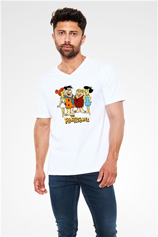 The Flintstones Taş Devri Beyaz Unisex  V Yaka Tişört