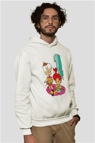 The Flintstones Taş Devri Beyaz Unisex Kapşonlu Sweatshirt
