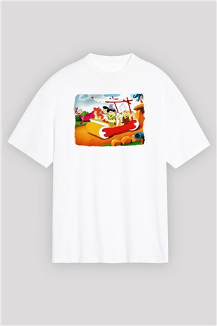 The Flintstones Taş Devri Beyaz Unisex Oversize Tişört