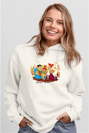 The Flintstones Taş Devri Beyaz Unisex Kapşonlu Sweatshirt