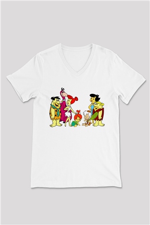 The Flintstones Taş Devri Beyaz Unisex  V Yaka Tişört
