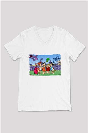 The Flintstones Taş Devri Beyaz Unisex  V Yaka Tişört