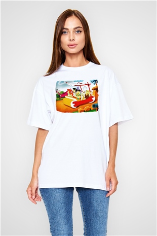The Flintstones Taş Devri Beyaz Unisex Oversize Tişört