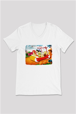 The Flintstones Taş Devri Beyaz Unisex V Yaka Tişört