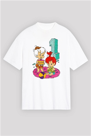 The Flintstones Taş Devri Beyaz Unisex Oversize Tişört