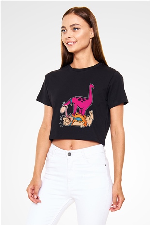 The Flintstones Taş Devri Siyah Crop Top Tişört