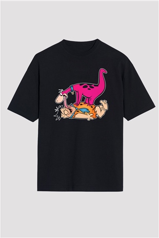 The Flintstones Taş Devri Siyah Unisex Oversize Tişört