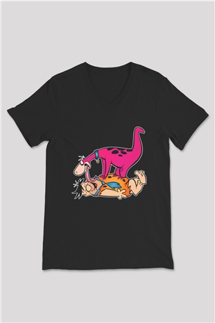 The Flintstones Taş Devri Siyah Unisex V Yaka Tişört