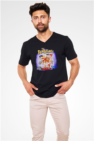 The Flintstones Taş Devri Siyah Unisex  V Yaka Tişört