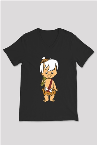 The Flintstones Taş Devri Siyah Unisex V Yaka Tişört