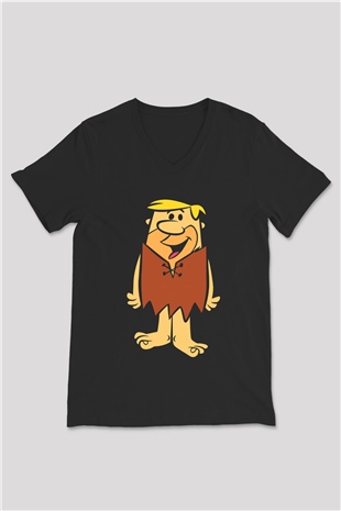 The Flintstones Taş Devri Siyah Unisex V Yaka Tişört