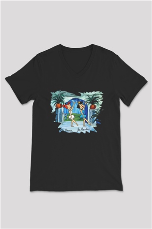 The Flintstones Taş Devri Siyah Unisex V Yaka Tişört