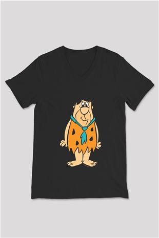 The Flintstones Taş Devri Siyah Unisex  V Yaka Tişört