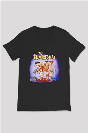 The Flintstones Taş Devri Siyah Unisex  V Yaka Tişört