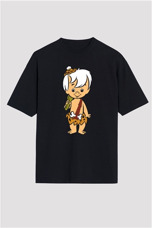 The Flintstones Taş Devri Siyah Unisex Oversize Tişört
