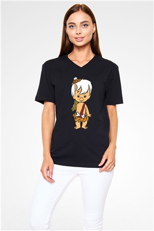 The Flintstones Taş Devri Siyah Unisex V Yaka Tişört