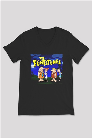 The Flintstones Taş Devri Siyah Unisex  V Yaka Tişört