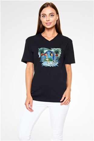 The Flintstones Taş Devri Siyah Unisex V Yaka Tişört