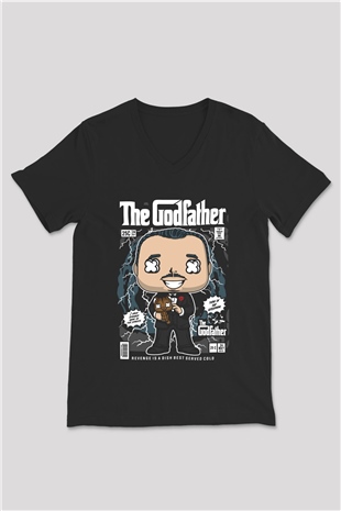 The Godfather Baskılı Unisex Siyah V Yaka Tişört