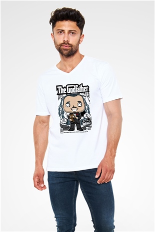 The Godfather Corleone Baskılı Unisex Beyaz V Yaka Tişört