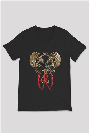 The Hu Baskılı Unisex Siyah V Yaka Tişört - Tshirt